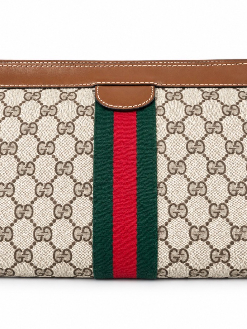 Gucci Beige GG Canvas Clutch with Green and Red Web Stripe